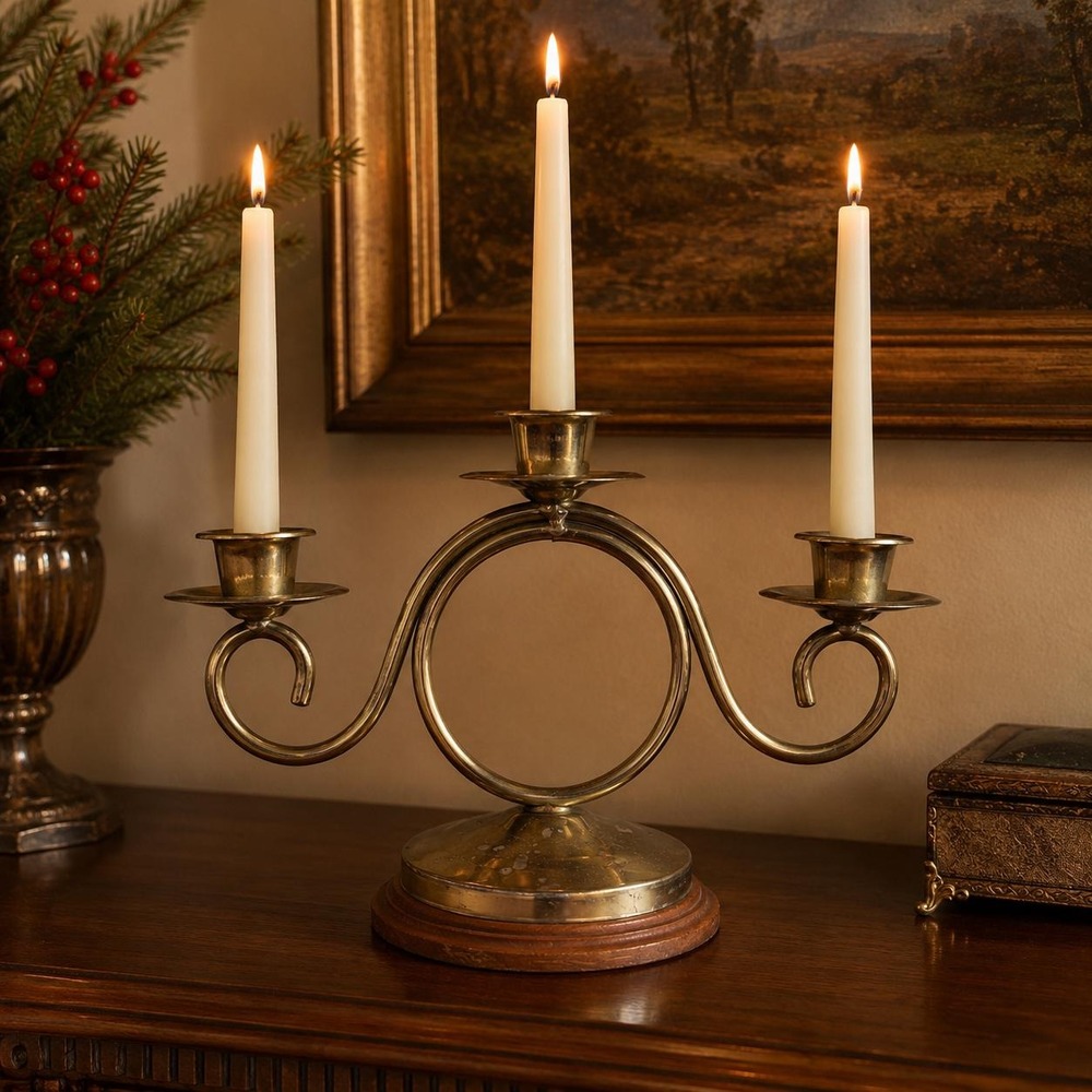 VTG Brass 3 Arm Candelabra Wood Base Scroll Candle Holder Hollywood Regency